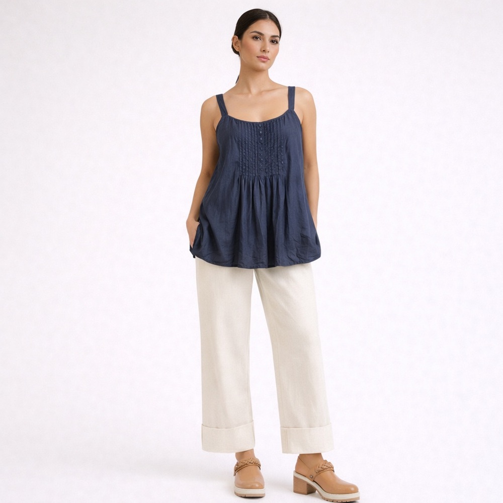 EILEEN FISHER Silk Pintuck Tank Slate Blue‎ Minimalist Luxury Draped Shell Size